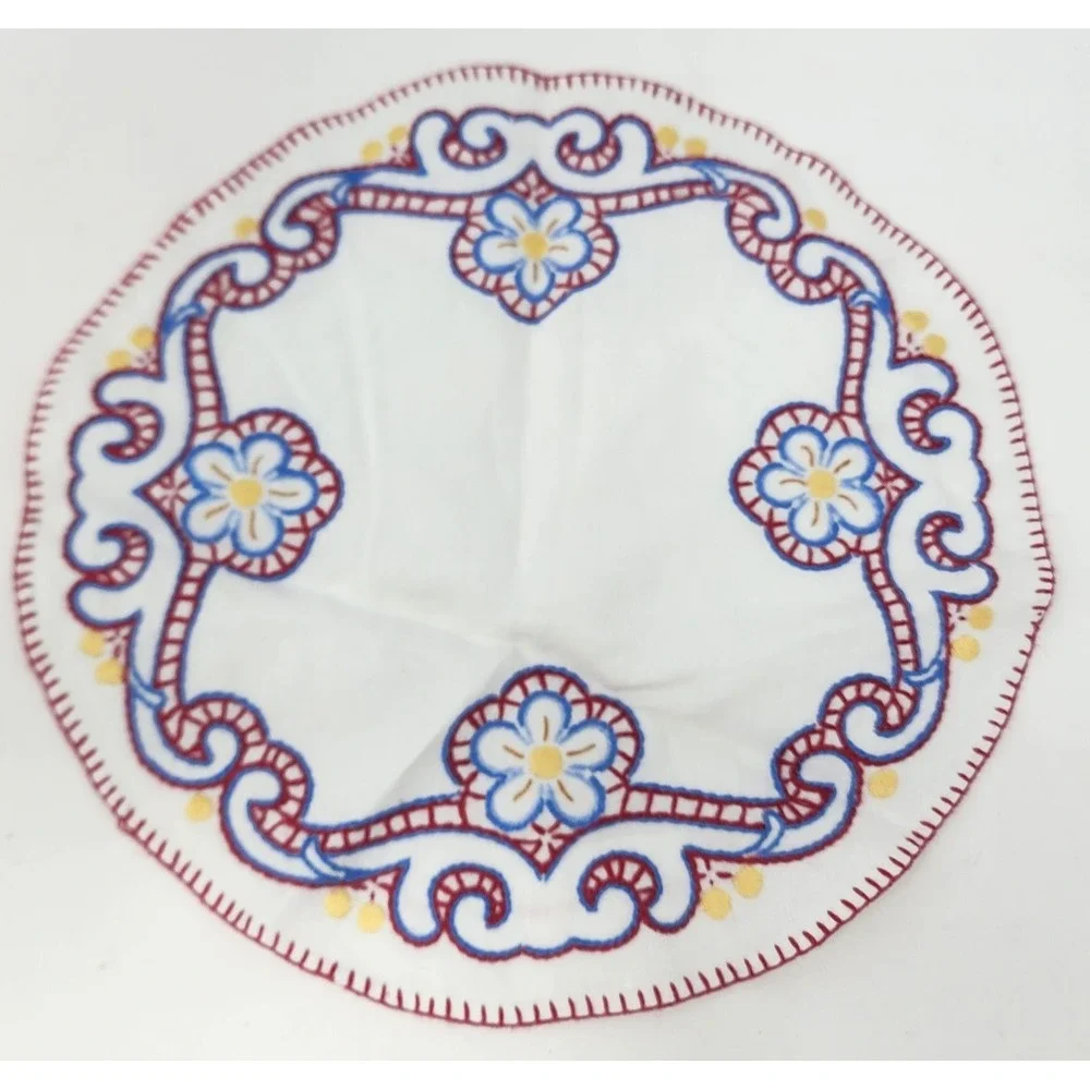 Embroidered Floral White Doily Blue Red 10.5